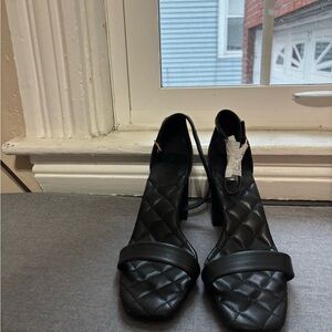 Black Open-Toe Heels with Woven Pattern